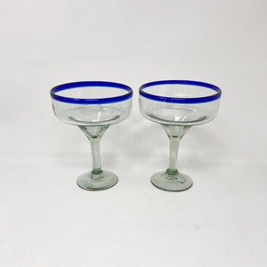 2 Hand Blown Margarita Glasses - Cobalt Blue Rim