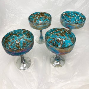 4 Hand Blown Margarita Glasses - Blue Chocolate Iridescent Confetti