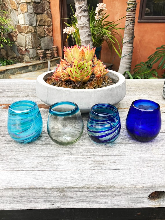 4 Hand Blown Stemless Wine Glasses - Blue Swirls Collection - Etsy