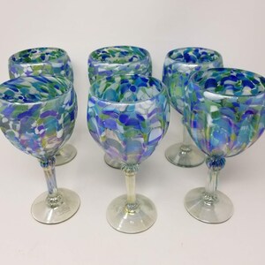 6 Hand Blown Wine Glasses - Aegean Blue Iridescent