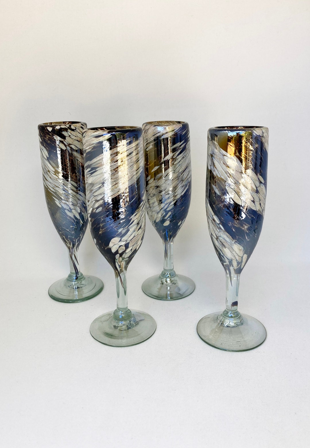 4 Hand Blown Champagne Glasses - Mocha/Cream Swirl