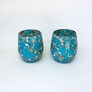 2 Stemless Wine Glasses - Teal/Tan Confetti