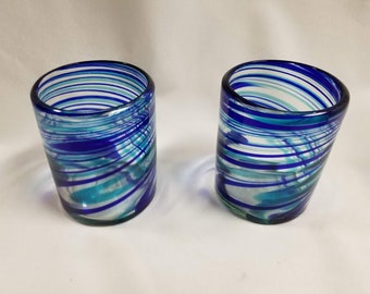 2 Hand Blown Low Ball Tumbler Glasses - Turquoise/Blue Swirl