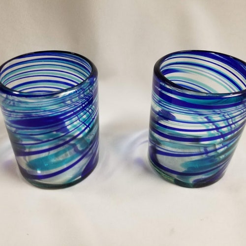 2 Hand Blown Low Ball Tumbler Glasses Turquoise/blue Swirl Etsy