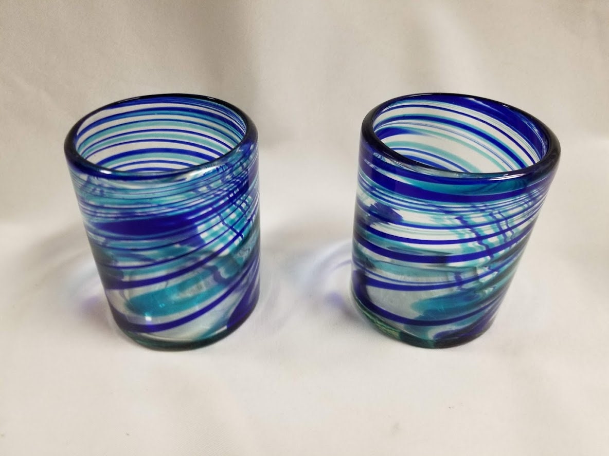 2 Hand Blown Low Ball Tumbler Glasses - Turquoise/Blue Swirl