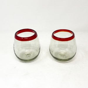 2 Stemless Wine Glasses -  Red Rim