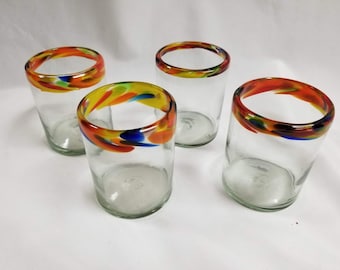 4 Hand Blown Low Ball Tumbler Glasses - Confetti Rim