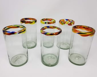 6 Hand Blown Water Glasses - Confetti Rim