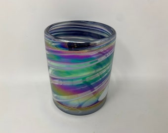 1 Hand Blown Low Ball Glass - Purple/White Iridescent Swirl