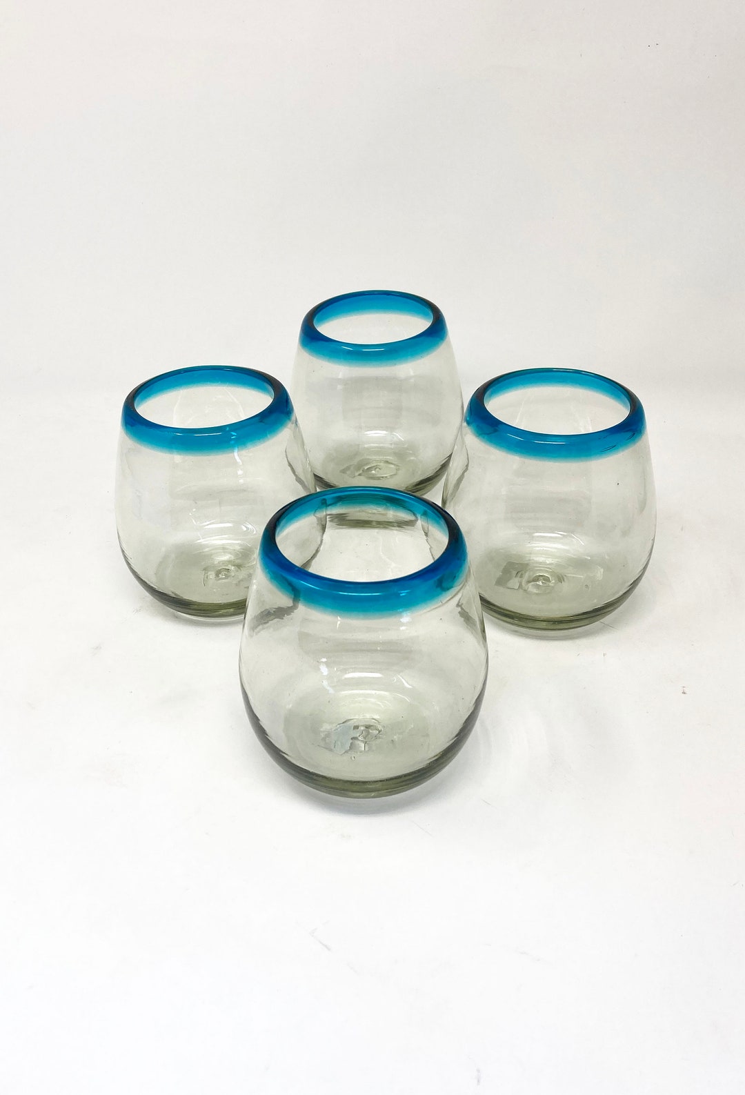 4 Stemless Wine Glasses - Turquoise Rim - Etsy