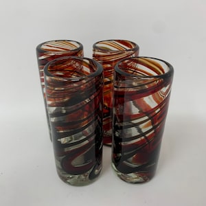 4 Hand Blown Shot Glasses - Red/Chocolate Swirl