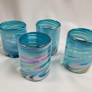 4 Low Ball Tumbler Glasses - Turquoise/White Swirl