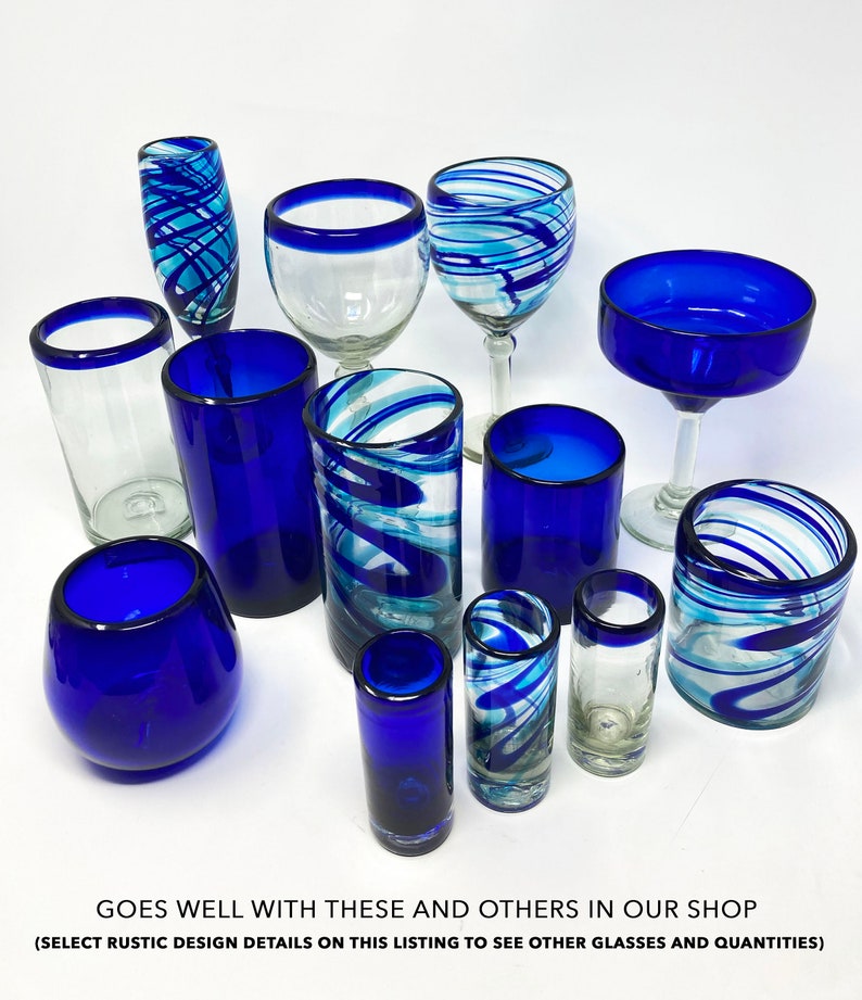 6 Hand Blown Wine Glasses Blue/turq. Swirl Etsy