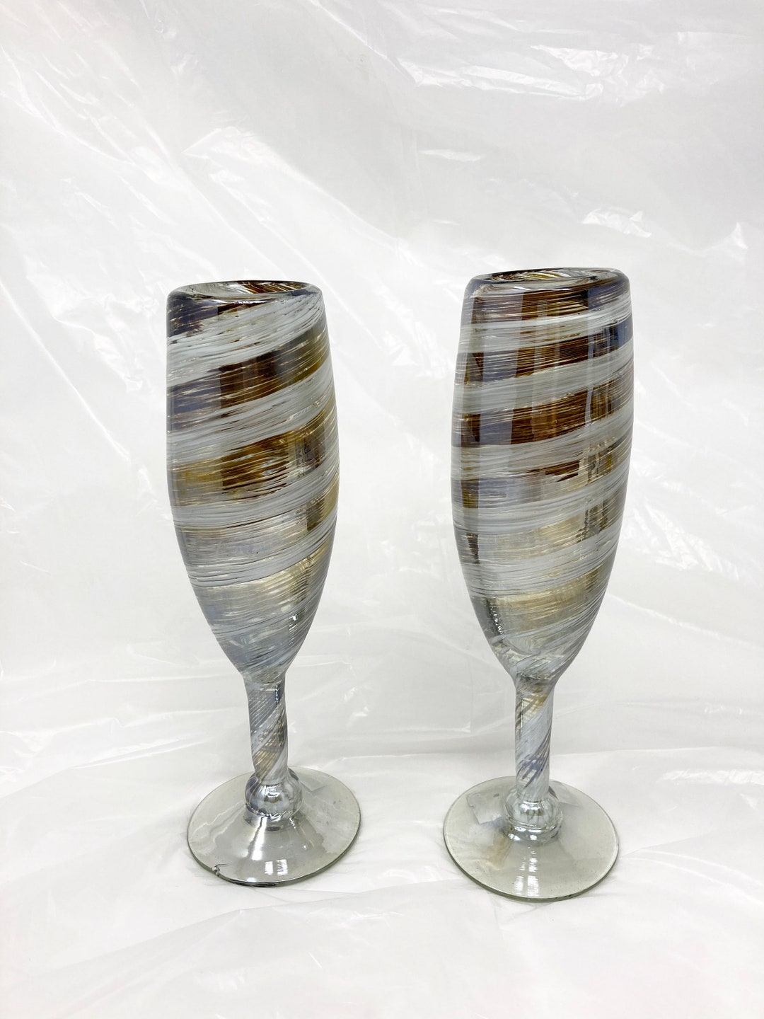 2 Hand Blown Champagne Glasses Gold/cream Swirl Etsy