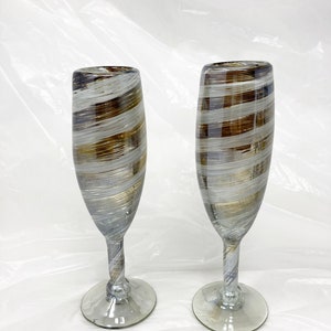 2 Hand Blown Champagne Glasses - Gold/Cream Swirl