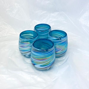 4 Stemless Wine Glasses -  Turquoise/White Swirl