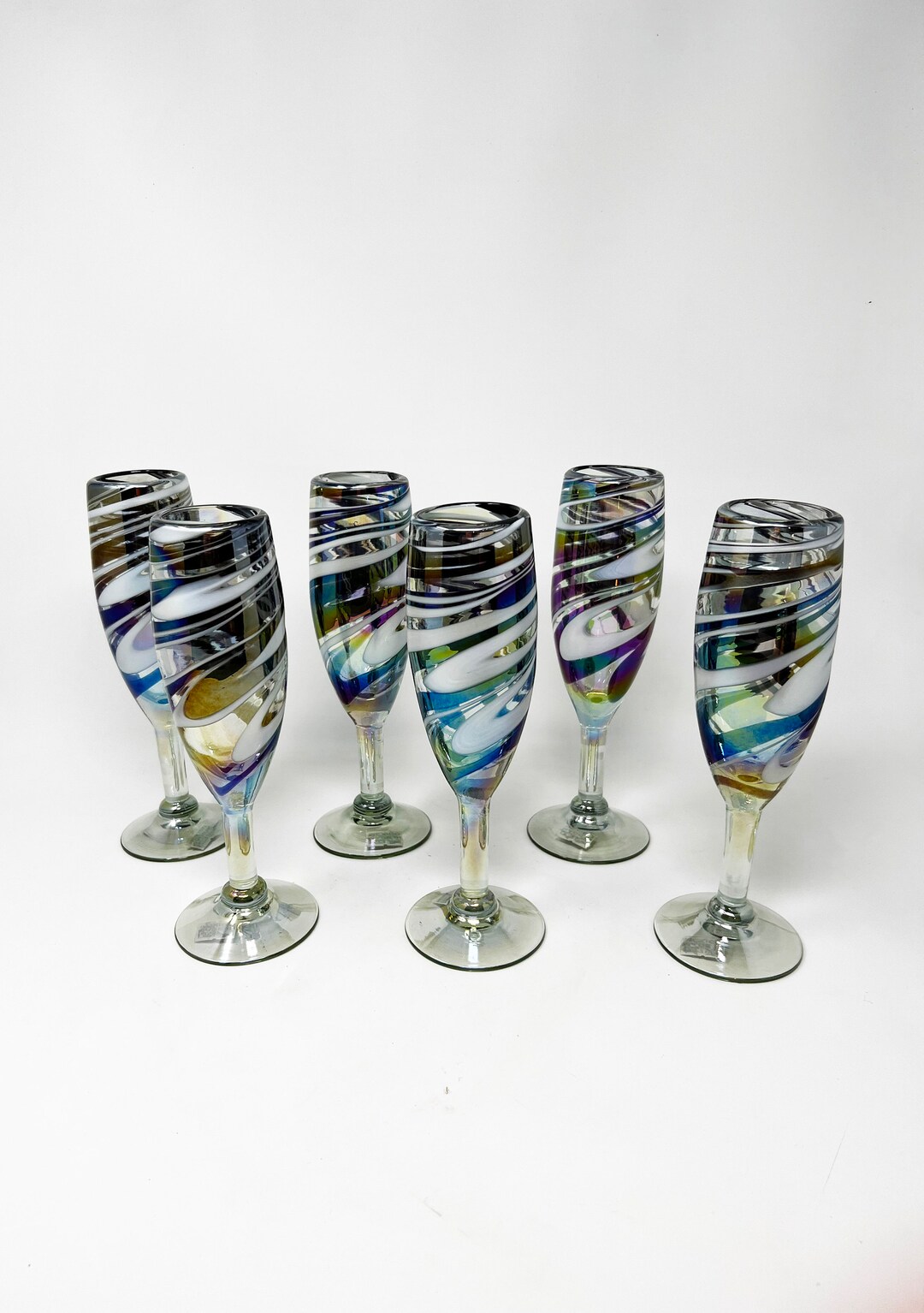 6 Hand Blown Champagne Glasses Purple/white Iridescent Swirl Etsy