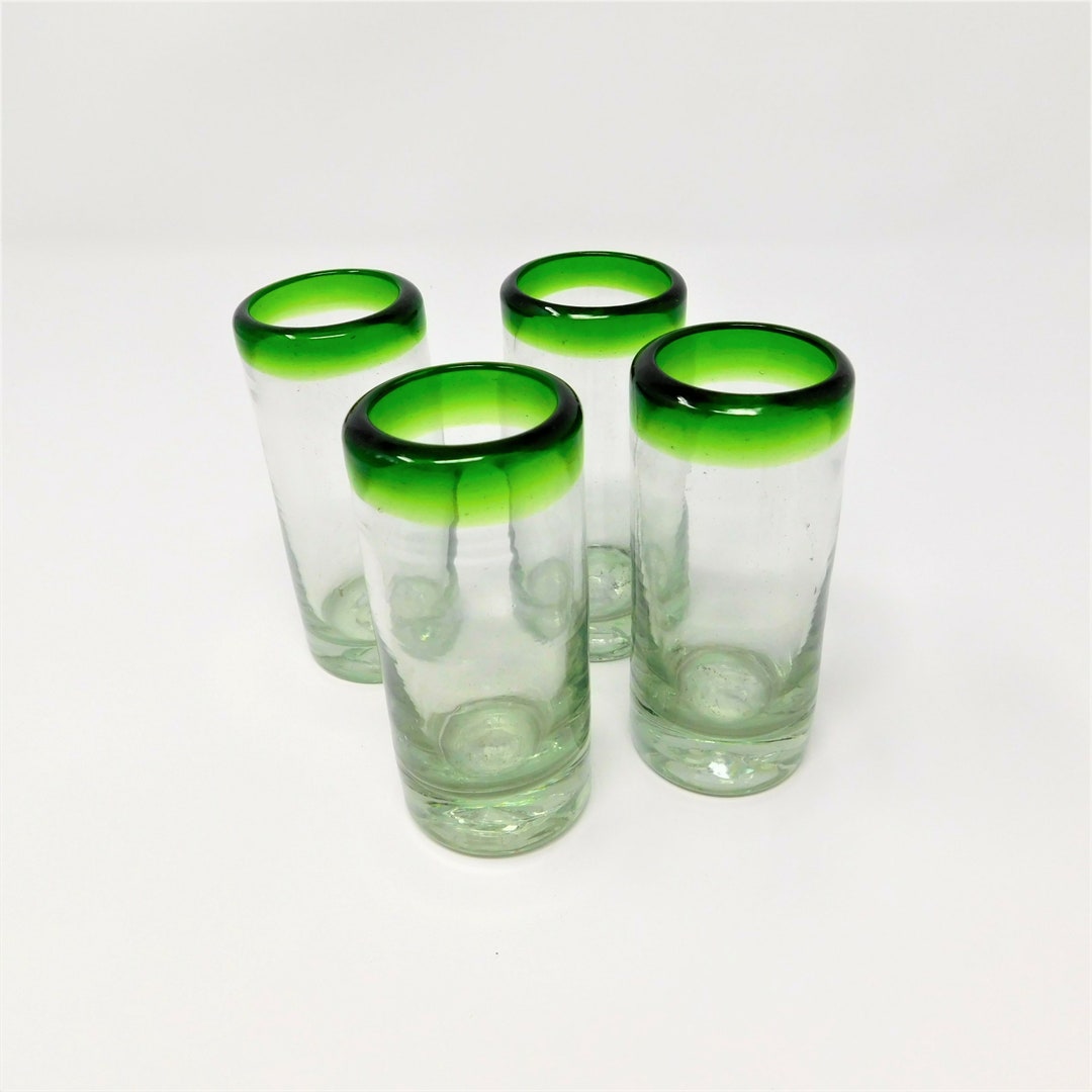 4 Hand Blown Shot Glasses Green Rim FREE SHIPPING Etsy
