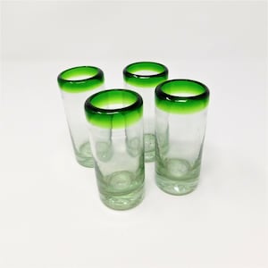 4 Hand Blown Shot Glasses - Green Rim