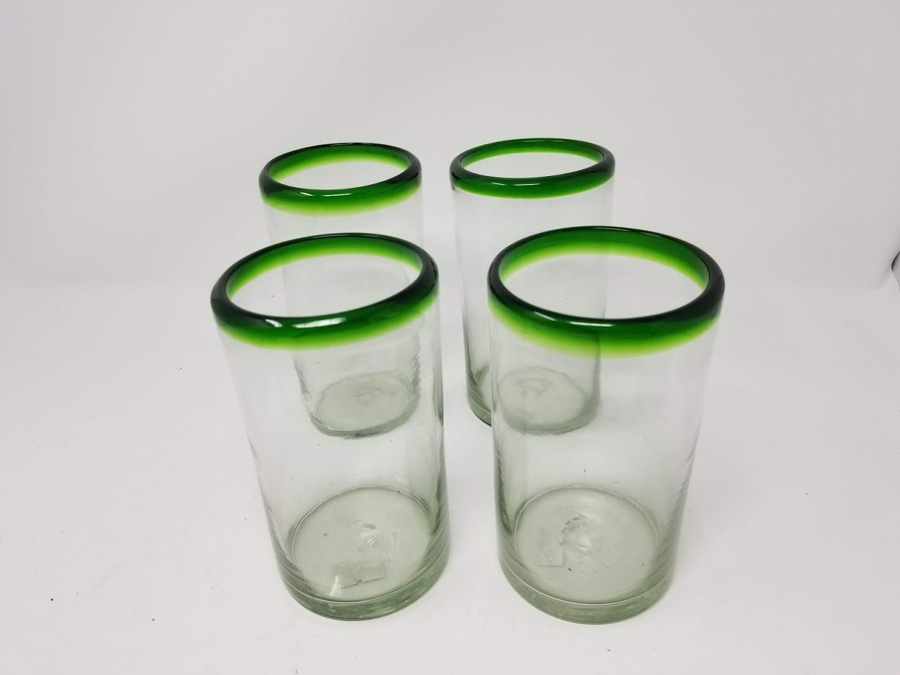 4 Hand Blown Water Glasses - Green Rim