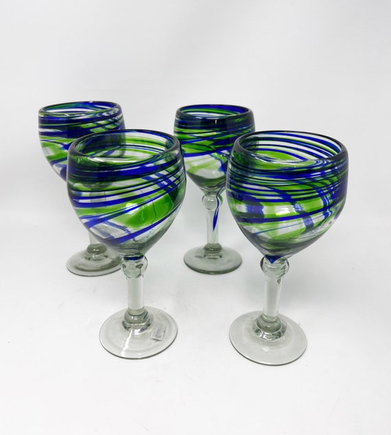 4 Mundgeblasene Weingläser - Blue Green Swirl