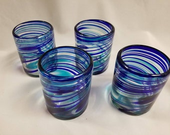 4 Hand Blown Low Ball Tumbler Glasses - Turquoise/Blue Swirl