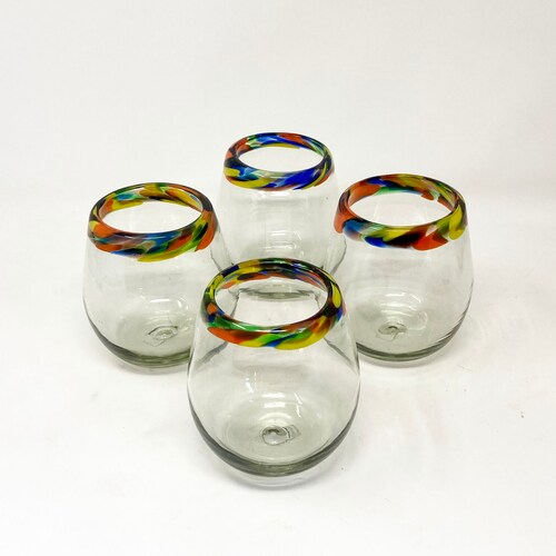 4 Stemless Wine Glasses Confetti Rim Etsy