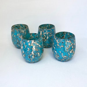 4 Stemless Wine Glasses -  Teal/Tan Confetti