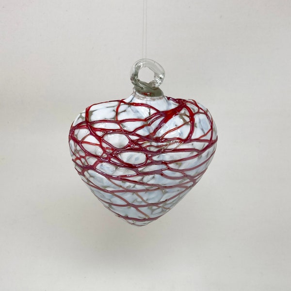 Hand Blown Glass Heart - 4" - Red and White Hilos