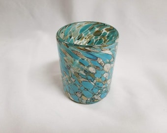 1 Hand Blown Low Ball Tumbler Glass - Teal/Tan Confetti