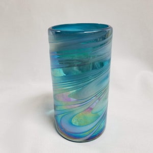 1 Hand Blown Water Glass - Turquoise/White Swirl