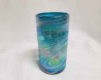 1 Hand Blown Water Glass - Turquoise/White Swirl