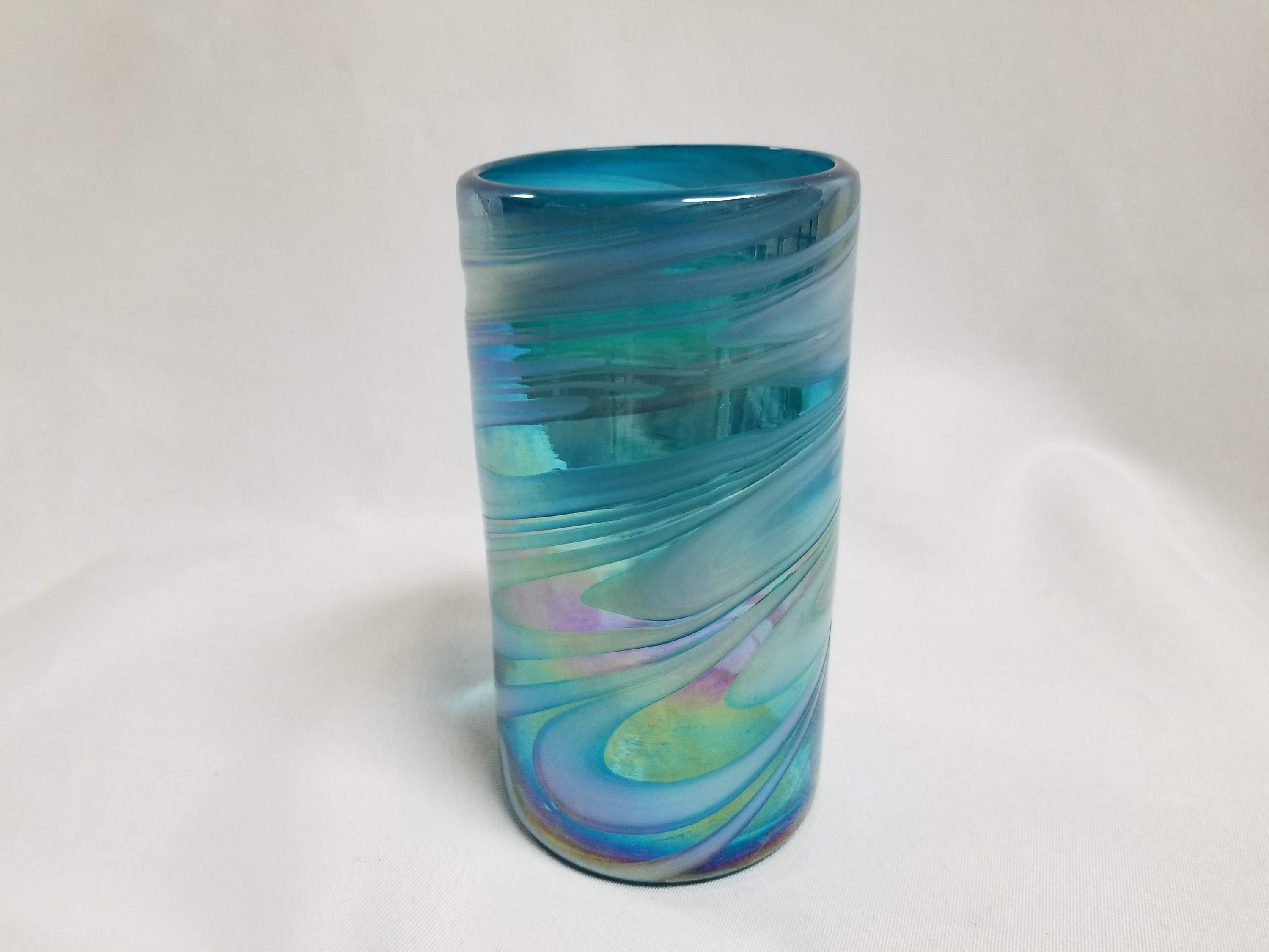 Hand Blown Water Glass - Turquoise/White Swirl