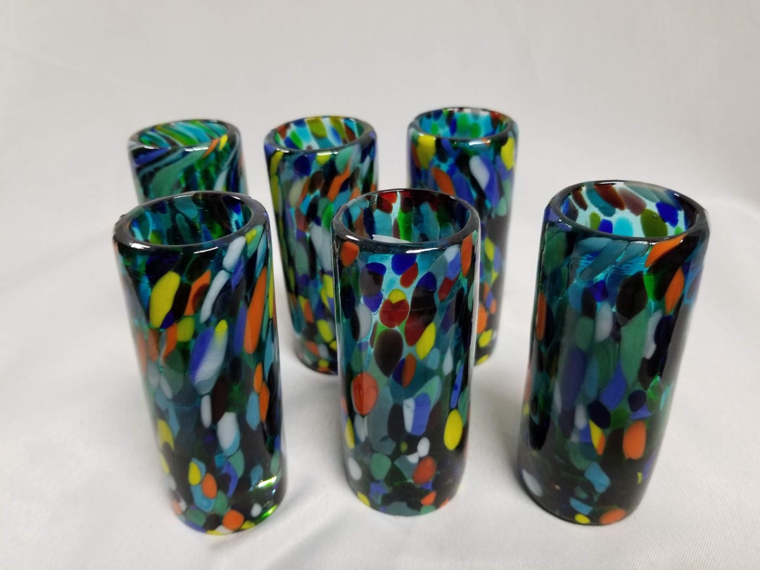 6 Hand Blown Shot Glasses Turquoise Confetti Etsy