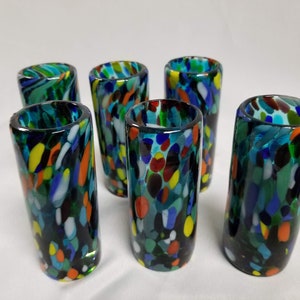 6 Hand Blown Shot Glasses - Turquoise Confetti
