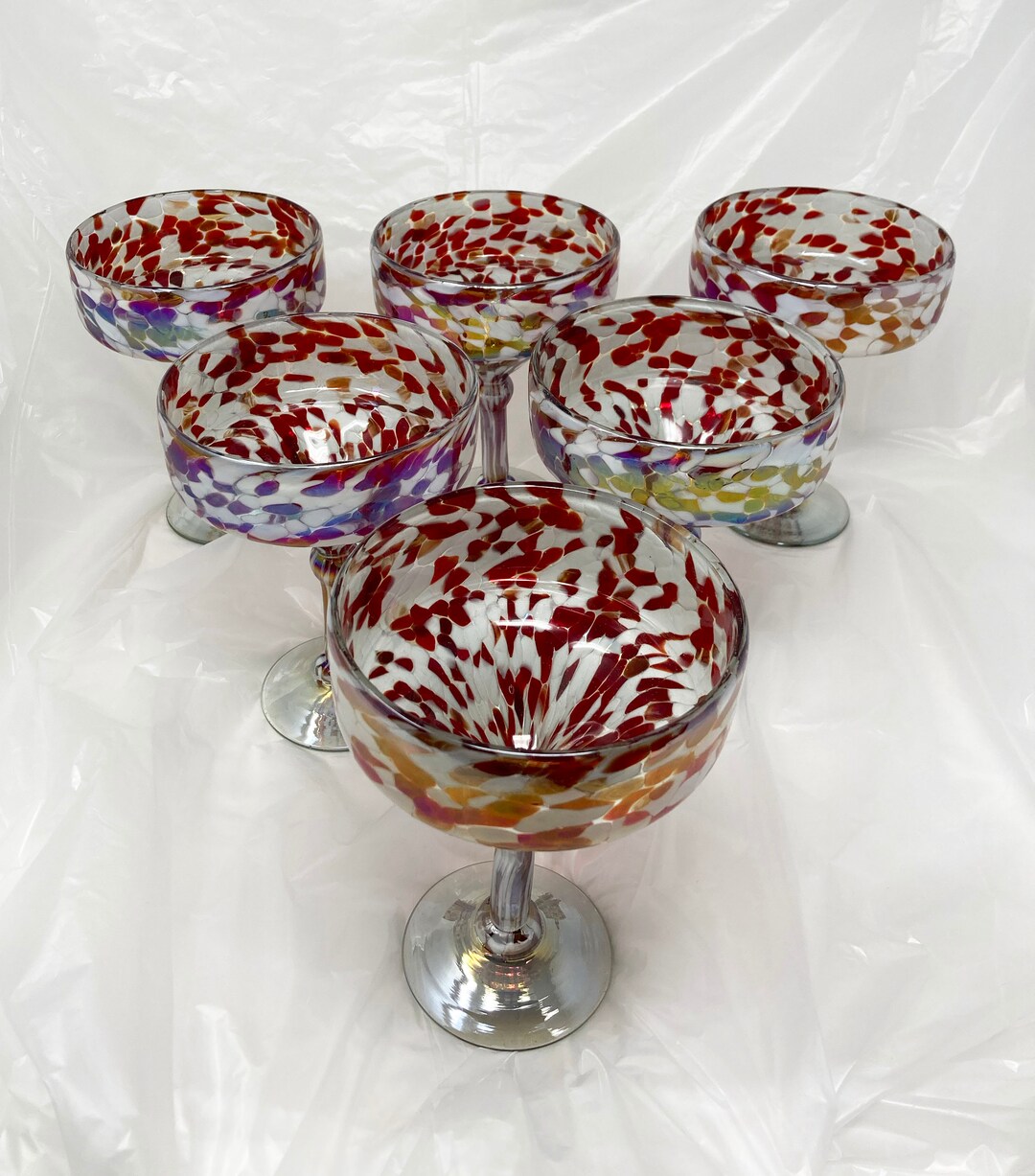 6 Hand Blown Margarita Glasses Red/white Iridescent Confetti Etsy