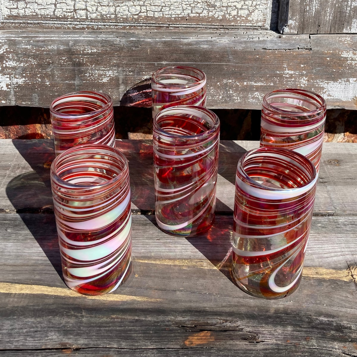 6 Hand Blown Water Glasses - Red/White Iridescent Swirl