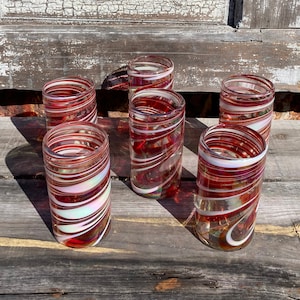 6 Hand Blown Water Glasses - Red/White Iridescent Swirl
