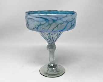 1 Hand Blown Margarita Glass - Blue Ice Iridescent