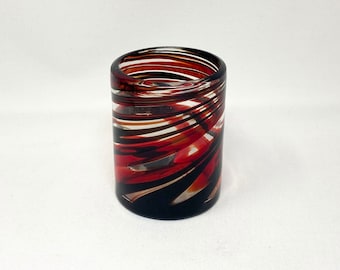 1 Hand Blown Low Ball Tumbler Glass - Red/Chocolate Swirl