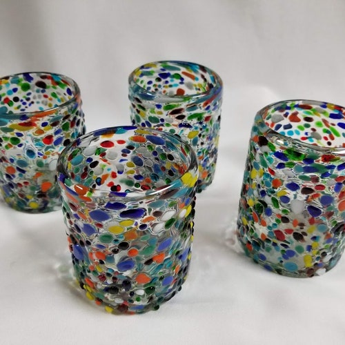 2 Hand Blown Low Ball Tumbler Glasses Rainbow Graniti Etsy
