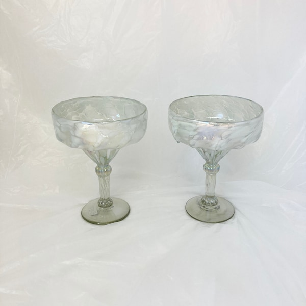 2 Hand Blown Margarita Glasses - White Lustre