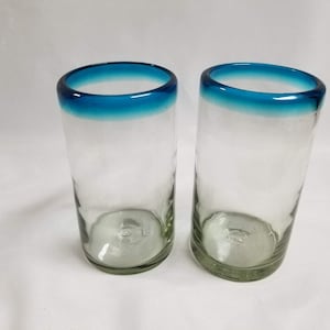 2 Hand Blown Water Glasses - Turquoise Rim