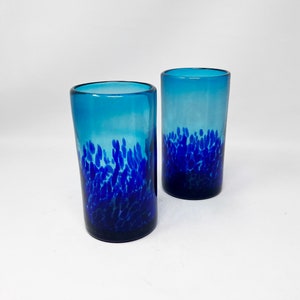 2 Hand Blown Water Glasses -  Turquoise Deep Sea Base