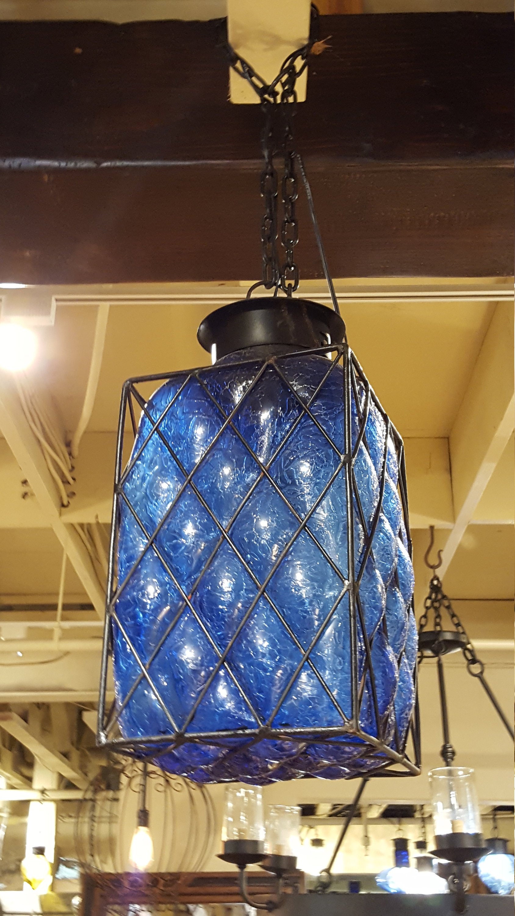 Hand blown blue glass pendant light deals
