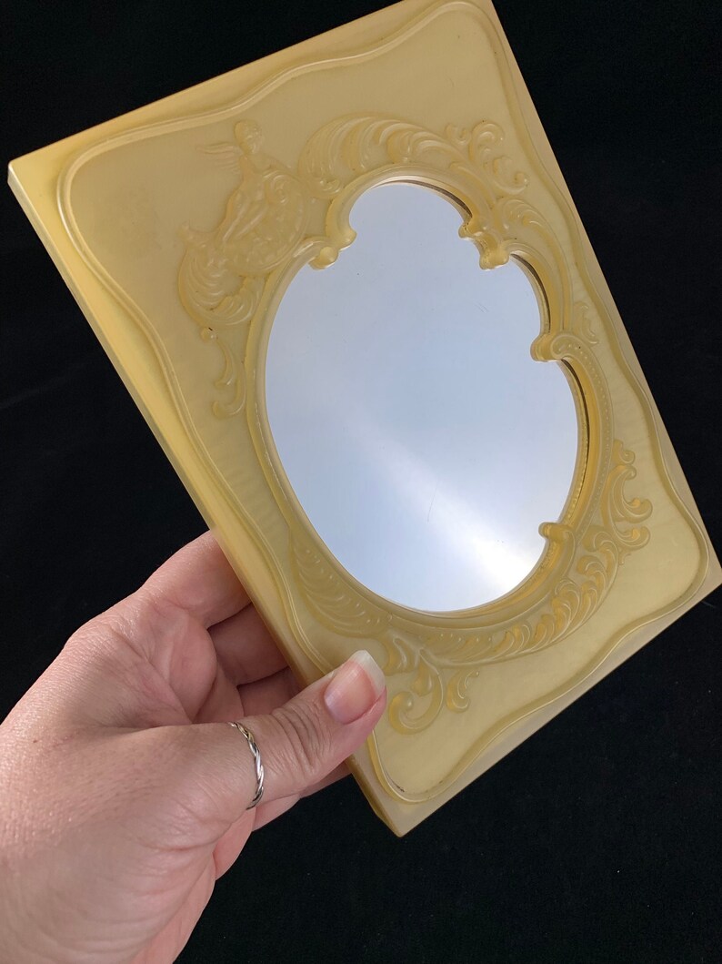 Vintage Cherub Angel Celluliod Mirror Plastic Vanity Decor Bakelite