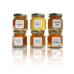 May include: Six small glass jars of honey with gold lids. The jars are stacked in pairs. The labels on the jars read "Clover Honey", "Wildberry Honey", "Seaside OR", "Dufer, OR Honey", "Squash Blossom", and "Apple Honey".