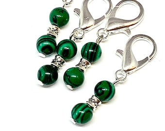 Malachite gemstone stitch holders for knitting or crochet, set of four luxurious markers.