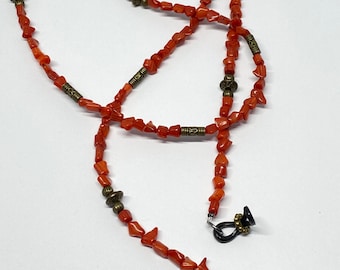 Coral eyeglasses chain, natural branch coral beads with antique bronze beads.