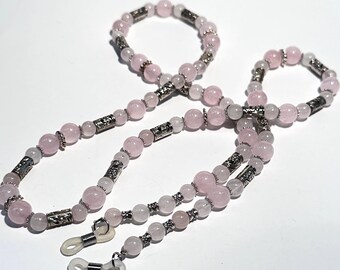 Rose Quartz Eyeglass Chain in Silver · Gemstone Glasses Chain for Readers or Sunglasses